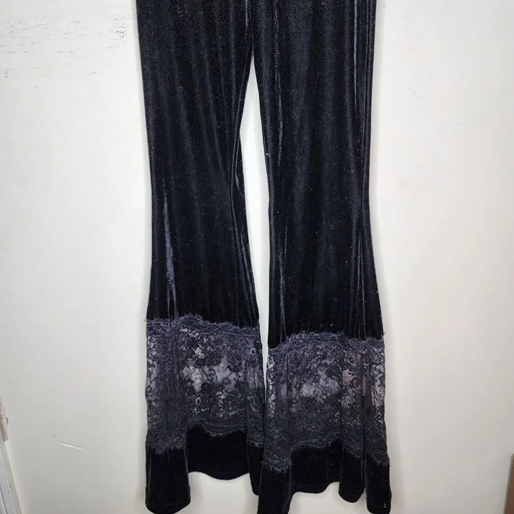 Killstar Nova Black Velour Velvet & Lace Super Flare Bell Bottoms Pull On, sz XS